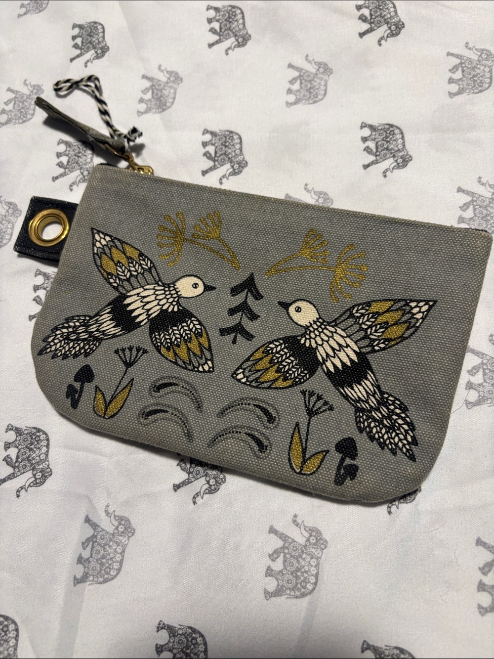 Gray Bird Print Canvas Wristlet Clutch